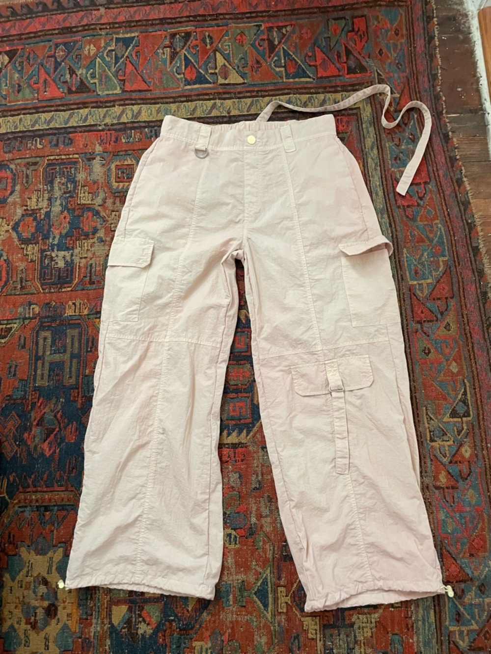 Light Peachy Pink Y2K Cargo Utility Pants 30” Waist  28” Inseam Cinch Ankles